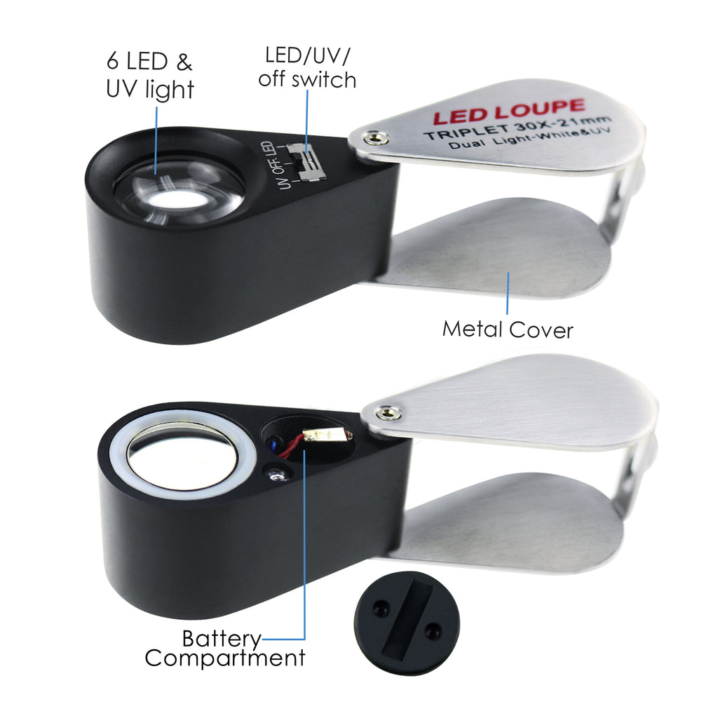 Jewelers Loupe Triplet Glass Lens 6 LED/UV Lighted , 21 mm, 10X,  Silver-Black