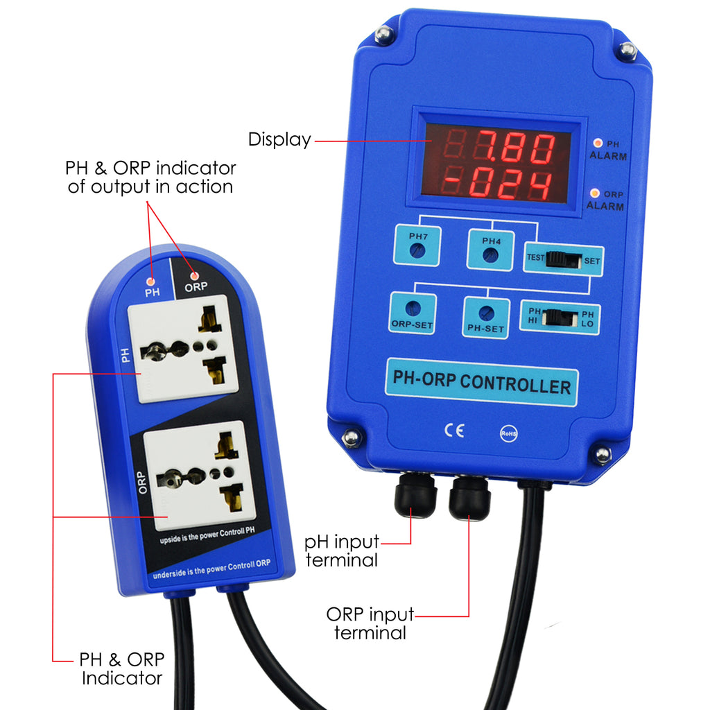 PHTK-160 Digital pH ORP (2 in 1) Controller with Electrodes + CO2 & O3 Relay 110V/220V Water Tester-Tekcoplus Ltd.