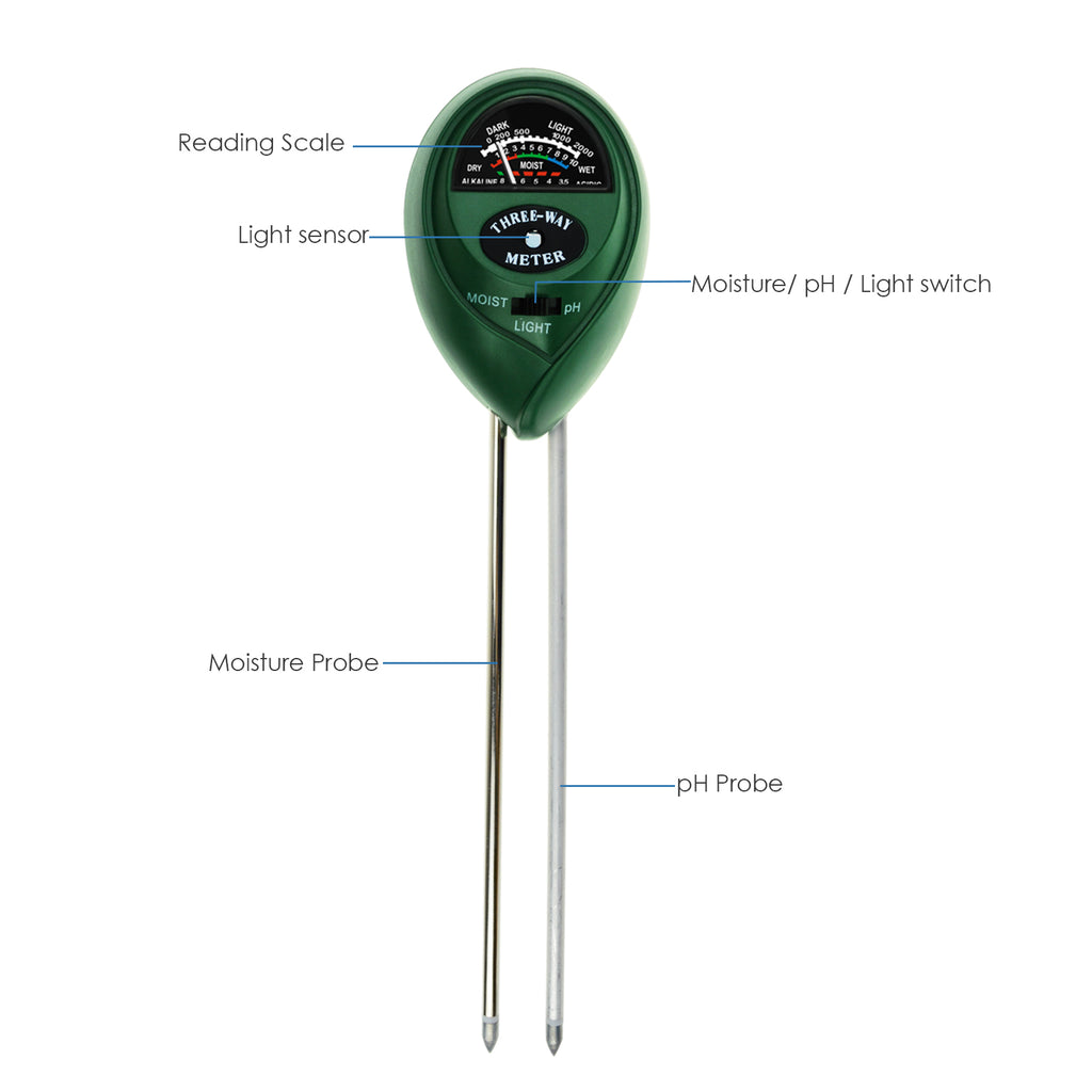 TEK-257 Soil pH / Moisture / Light Meter Long Sensor Probe Acid Alkaline Level Tester-Tekcoplus Ltd.