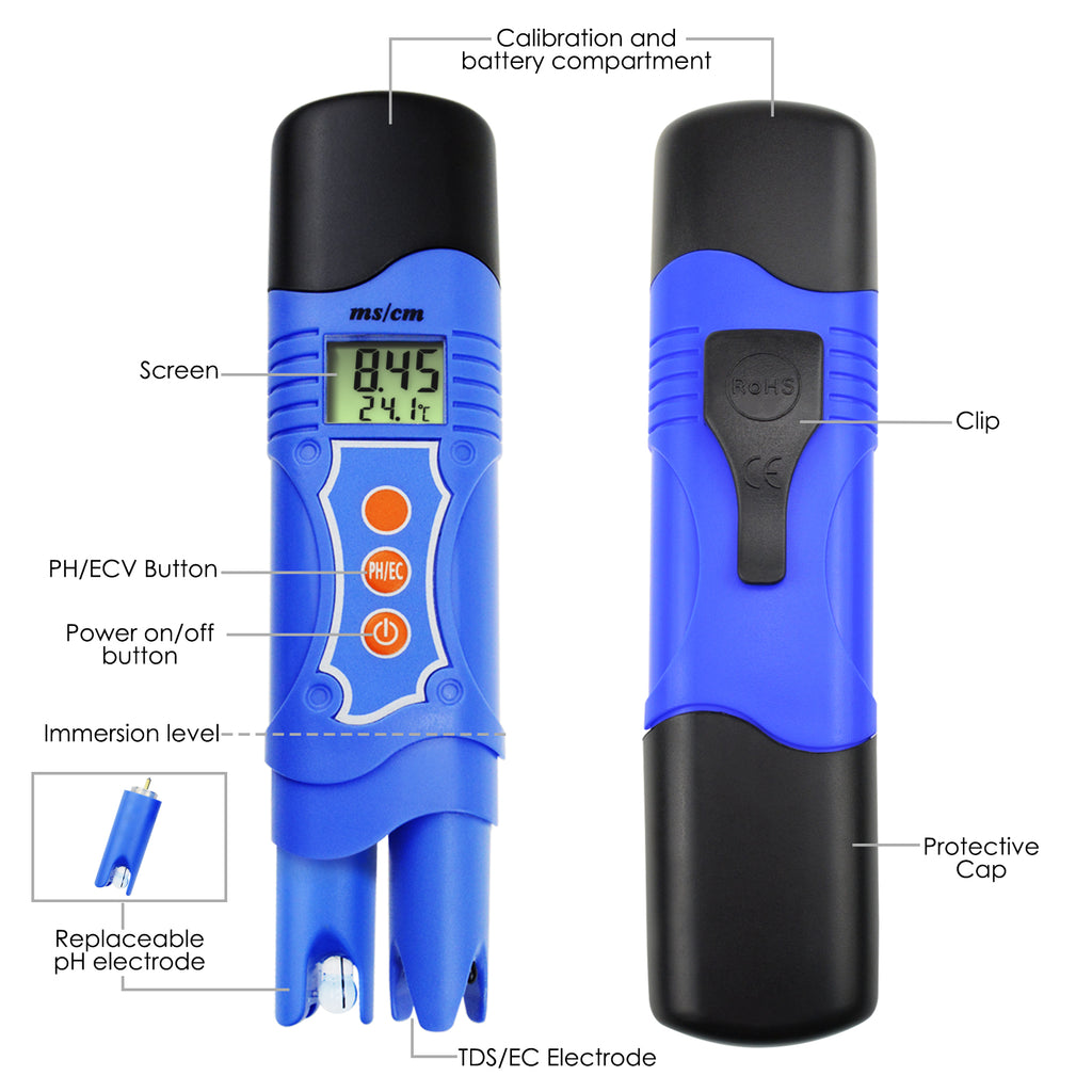 PHTK-226 Digital 3-in-1 Pen-Type pH Temperature Conductivity EC Meter Tester Aquarium, Tank, Pool-Tekcoplus Ltd.