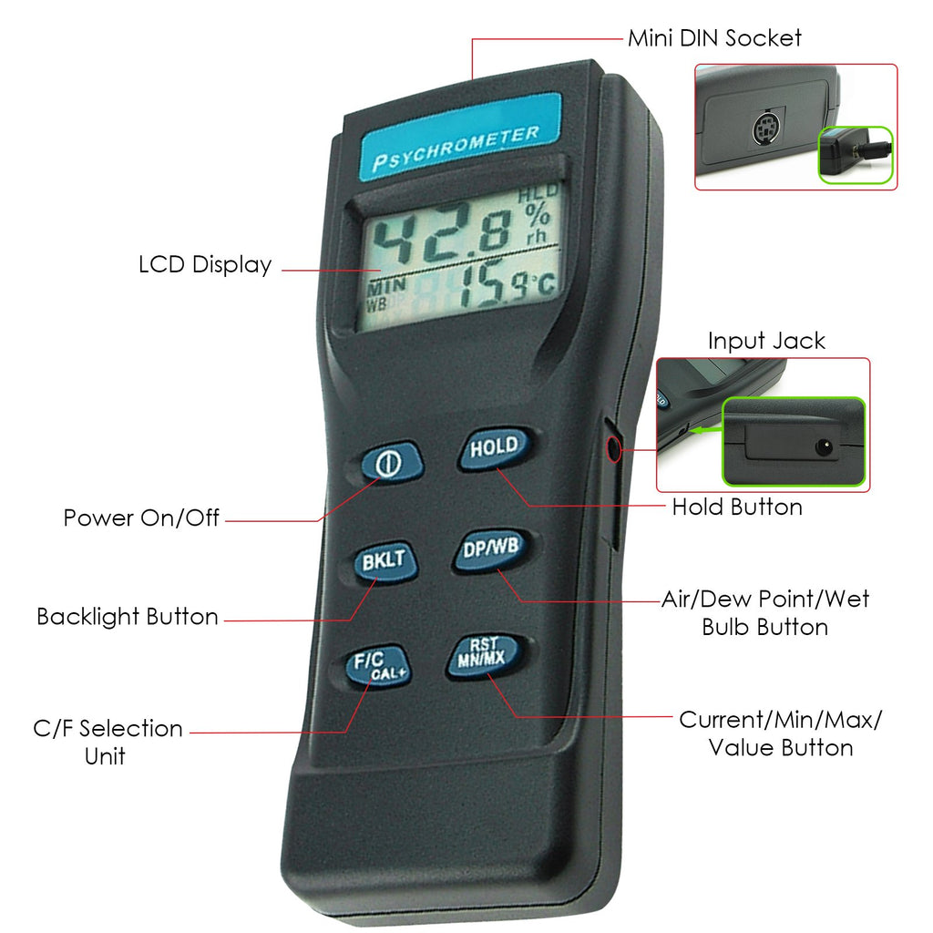 THTK-824 Temperature Humidity RH Tester Thermo-Hygrometer Gauge Psychrometer Dew Point / Wet Bulb-Tekcoplus Ltd.