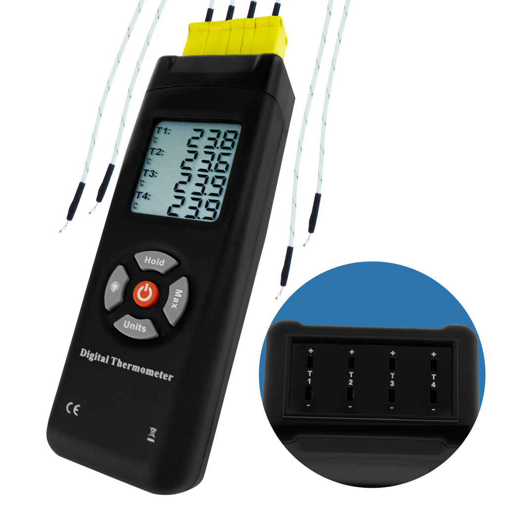 Digital 4 Channels K Type Thermocouple Thermometer with Metal & Bead  Probes, Handheld with Backlight, High Temp Meter Tester Multi Measurement