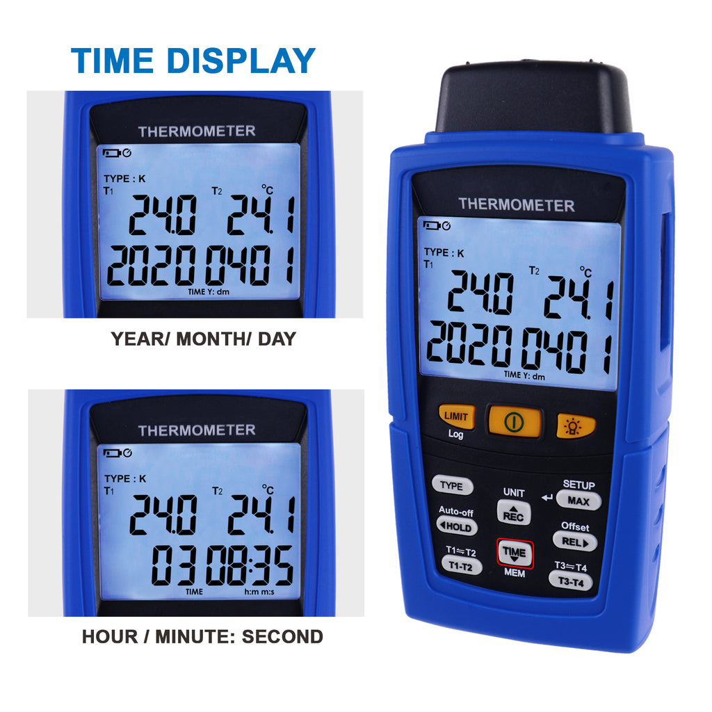 TM-747D Professional 4-Channel K / J / T / E / R / S / N Type Thermocouple Thermometer 16,800 Datalogging T1/T2, T3/T4