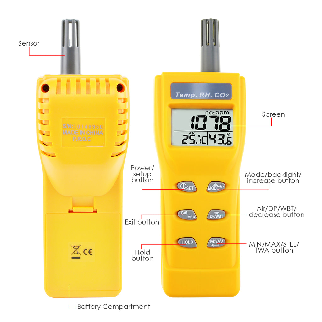 COTK-57_CD_ADAPTOR Portable Digital Carbon Dioxide Temperature Humidity Tester with CD & Cable Data logger 9999ppm NDIR Sensor CO2 Monitor Wet Bulb, Dew Point IAQ Detector
